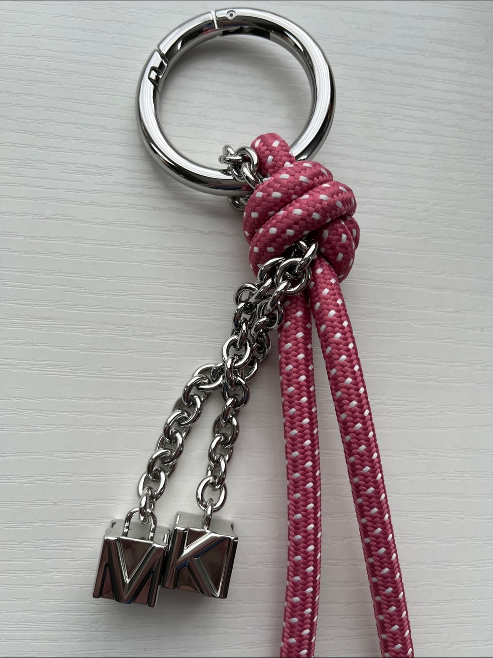 Michael Kors Pink Braided Rope Tassel Keyring, Bag Charm with Silver MK Charms - Picture 6 of 12